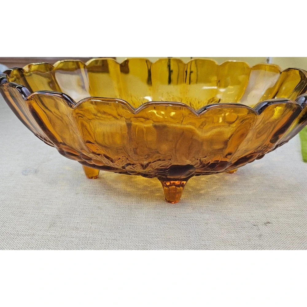 Vintage Amber Indian Glass Fruit Bowl Footed Oval Scalloped Rim Embossed Fruit